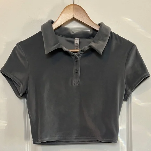 Alo Yoga✨Choice Velour Polo✨Short Sleeve Crop Henley✨Steel Blue✨Size S - Picture 5 of 10